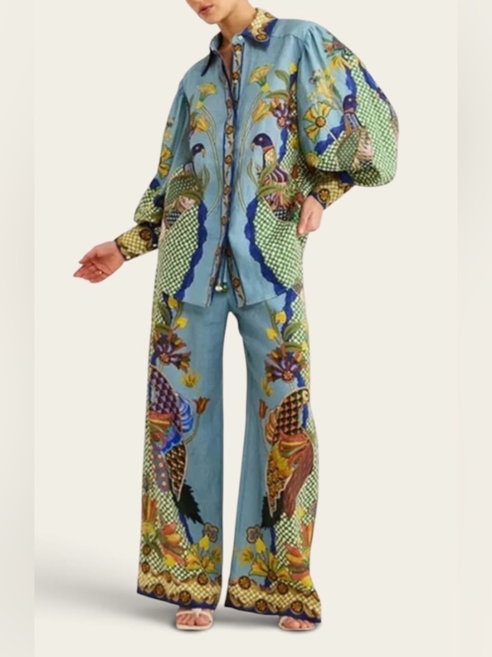 Unbranded Linen Blend Vibrant Blue Floral & Bird Printed Button-Up Set SZ L A3